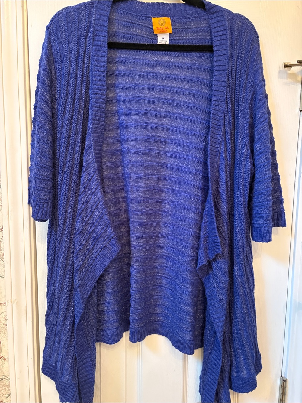 Size 1X Ruby Road Royal Blue Knit Open-Front Cardigan with Sequined Tank - Picture 6 of 8
